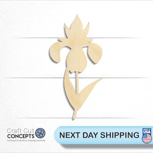May include: A wooden cutout of an iris flower. The flower is light brown and has a simple design. The flower is on a white background.