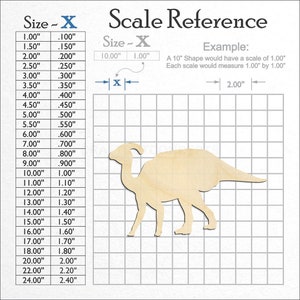 Hadrosaurid Duck Billed Dinosaur Shape unfinished wood craft blank showing the measurement scale.