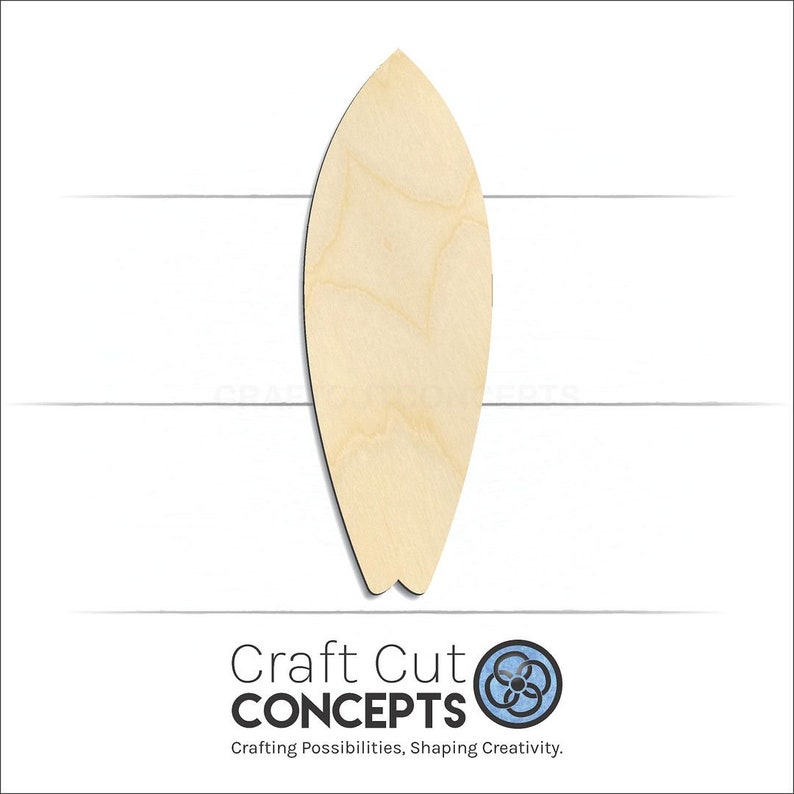 Surf Board Shape Unfinished wood blank product view with Craft Cut Concepts logo.