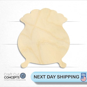 May include: A wooden cutout of a pot with a rounded body and a wide rim. The pot has two small legs on either side. The pot is made of unfinished wood and is ready to be painted or decorated.