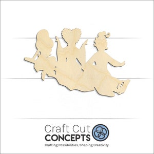 Flying Witches Shape Unfinished wood blank product view with Craft Cut Concepts logo.