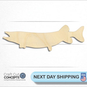 May include: A wooden cutout of a fish in the shape of a pike. The cutout is made of unfinished wood and is ready to be painted or stained.