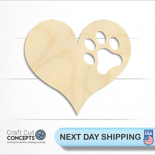 Heart Paw Print - Laser Cut Unfinished Wood Cutout Craft Shapes