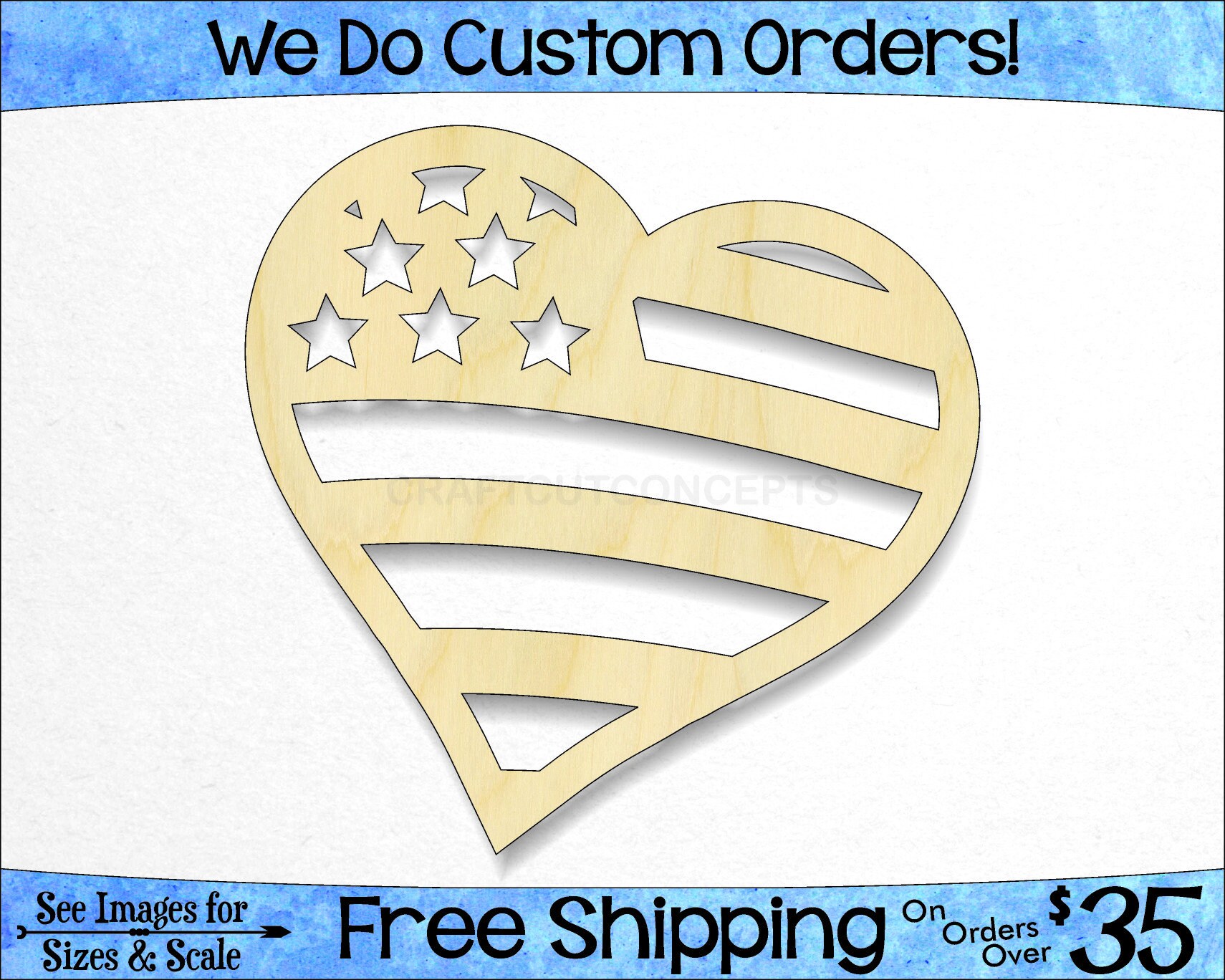 US Flag Heart- Large & Small - Pick Size - Unfinished Wood Cutout Sha…