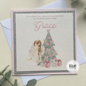 Paillettes personnalisées et fée rose Fille, petite-fille, carte de Noël nièce, fée et arbre de Noël