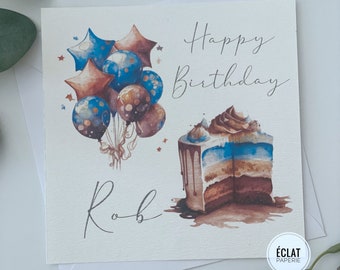 Tarjeta de cumpleaños personalizada para él: Diseño de pastel y globos