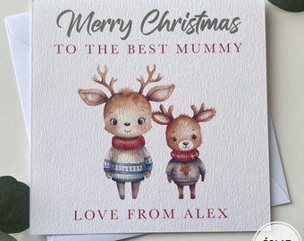 Personalised MUMMY, MUM, MOM Christmas Card, cute Christmas reindeers in jumpers with Childs name