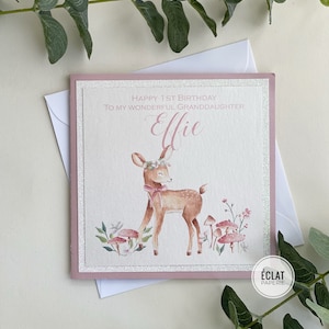 Carte d’anniversaire personnalisée Age & Name Girls - Cerf floral - carte d’anniversaire de cerf - première carte d’anniversaire - deuxième carte d’anniversaire - Paillettes girly