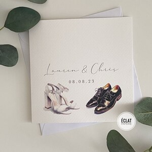 Carte de jour de mariage personnalisée pour chaussures de mariage, à personnaliser avec les noms des couples et la date du mariage. Carte élégante et élégante