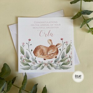 Nouvelle carte baby girl personnalisée, à personnaliser avec son nom - Carte baby girl personnalisée - Nouvelle carte baby girl - bébé cerf
