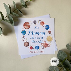 Carte personnalisée maman / momie planètes / fête des mères de l’espace, maman hors de ce monde