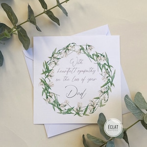 Toutes nos condoléances à l'occasion du décès de votre père, carte de condoléances, couronne de fleurs blanche, perce-neige, carte de deuil