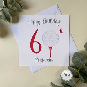 Golf masculin personnalisé 40ème / 50ème / 60ème / 70ème carte d’anniversaire, golf, balle de golf et tee