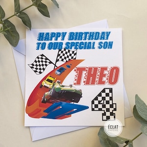 Carte d’anniversaire Hot Wheels personnalisée, FILS, PETIT-FILS, NEVEU, tout nom, âge et relation.