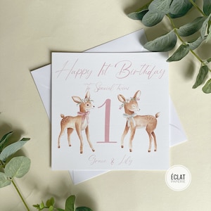 Personalised twin girls birthday card, personalised with names and age.