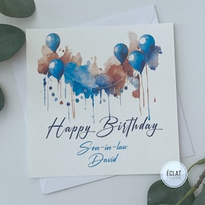 Carte d'anniversaire personnalisée pour anniversaire masculin, ballons, bleu et marron. N'importe quel nom.