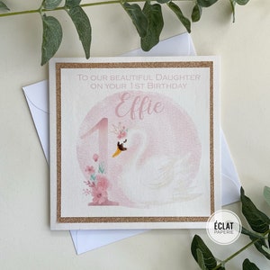 Carte d'anniversaire personnalisée âge et nom pour filles - princesse cygne florale - carte d'anniversaire cygne - première carte d'anniversaire - deuxième carte d'anniversaire