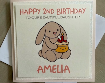 Personalized Bunny Birthday Card: Glitter Cake, Daughter, Granddaughter