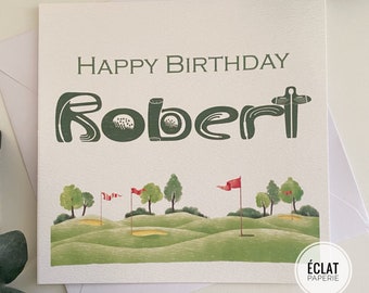 Carte d’anniversaire de golf masculine personnalisée, terrain de golf, golf, outils de golf, balle et tee