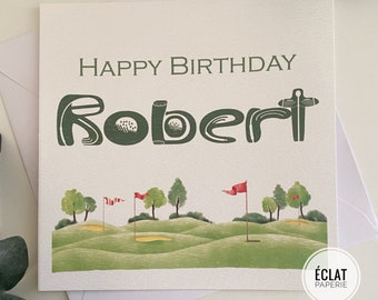 Personalised mens golf birthday card, golf course, golfing, golf tools, ball and tee