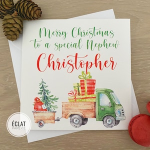 Carte de Noël spéciale personnalisée pour garçons, tout nom, PETIT-FILS, FILS, véhicule de camion NEPHEW et carte d’arbre de Noël