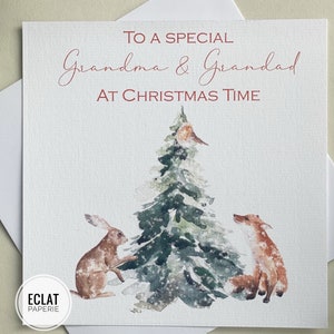 Carte de Noël personnalisée GRAMDMA, GRANDAD, NANA, Grand-père, Gran, Papa, etc. avec arbre de Noël, rabbin, renard et rouge-gorge - peut utiliser tous les surnoms