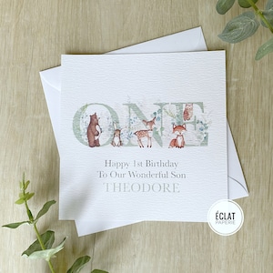 Woodland 1er anniversaire UNE carte, FILS, PETIT-FILS, neveu, petit garçon spécial, carte d'anniversaire de voitures