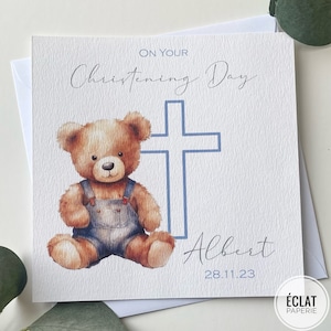 Carte de baptême / baptême personnalisée ours en peluche pour garçons - Ajouter un nom et une date