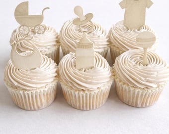 Edible Neutral baby shower wafer card cupcake toppers, suitable for vegan, gluten free, halal