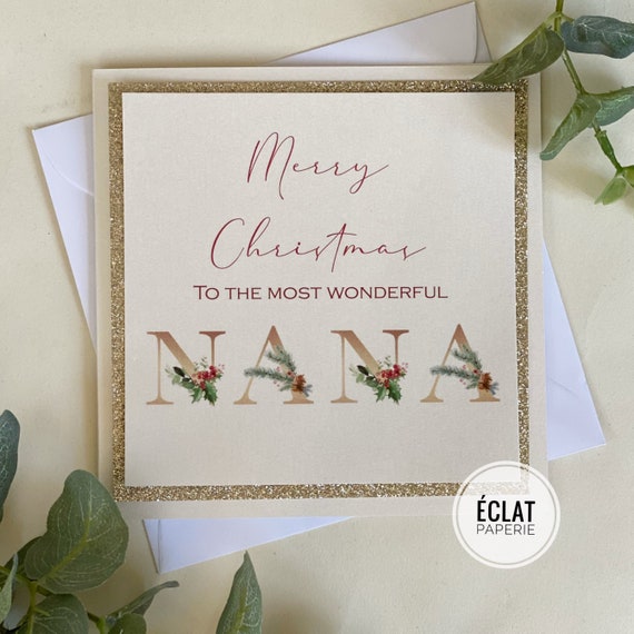 Personalised Nana Christmas card in gold and cream with glitter