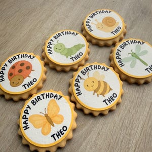 Può includere: Una collezione di biscotti di zucchero decorati con il messaggio "Happy Birthday THEO". Ogni biscotto presenta un'illustrazione di insetto diversa, tra cui una coccinella, una farfalla, un'ape, un bruco, una lumaca e una libellula. I biscotti hanno un bordo giallo.