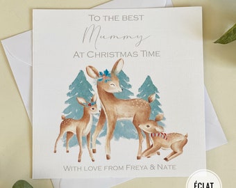 Personalised Christmas card for Mummy from children - can change number of deers and headdearr/scarf to suit children