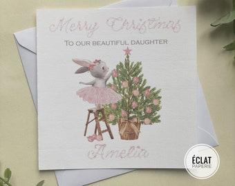 Personalised Pink Daughter, Granddaughter, Niece Christmas Card, Ballerina Bunny Rabbit and Christmas tree