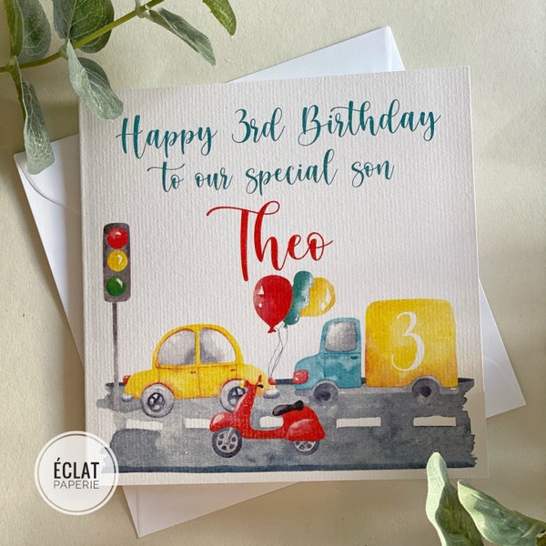 Personalised SON, GRANDSON, NEPHEW, special little boy, Cars Birthday Card -Second, Third, car, ballons, truck, two, three, year old