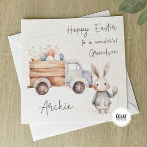Carte de camion de Pâques pour petit-fils, fils, neveu, carte de Pâques avec un joli lapin de Pâques, n'importe quel nom et relation
