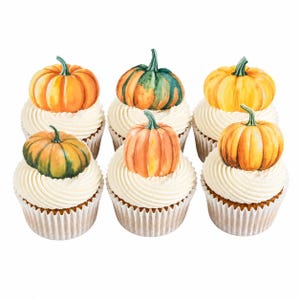 Op de afbeelding: Zes cupcakes gerangschikt in twee rijen, elk bedekt met een toef witte glazuur en een decoratieve pompoen-topper. De pompoenen vertonen verschillende tinten oranje, geel en groen, met gedetailleerde illustraties in aquarel-stijl.