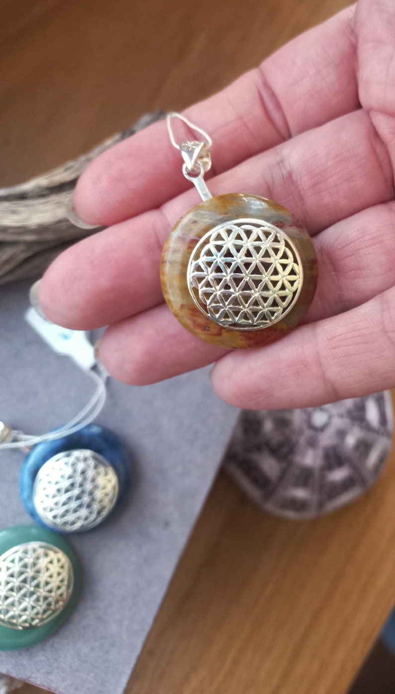 Gemstone donut with flower of life / Gemstone pendant / Pendant for silver chain / Silver-plated donut holder / 3 types of gemstone image 4