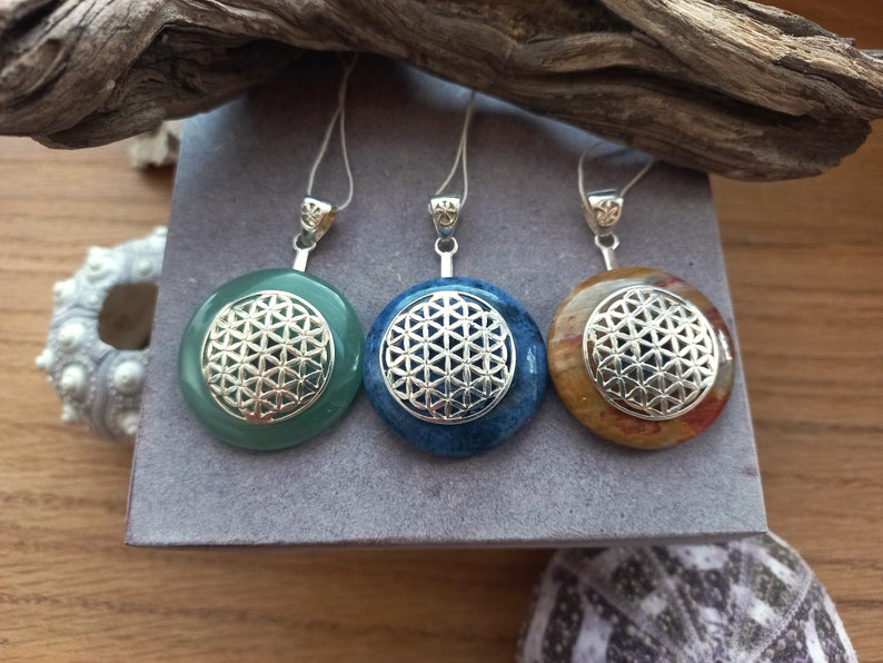 Gemstone donut with flower of life / Gemstone pendant / Pendant for silver chain / Silver-plated donut holder / 3 types of gemstone image 1