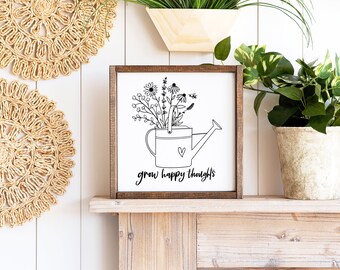 Grow Happy Thoughts Wood Sign | Good Vibes Wood Sign | Living Room Decor | Bedroom Signs | Master Bedroom Farmhouse Wall Decor