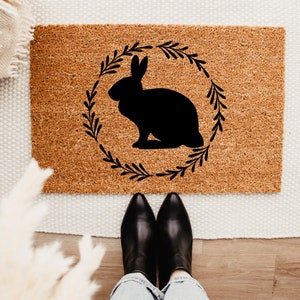 Bunny Wreath – Easter Welcome Mat – Spring Doormat – Front Porch Decor – Spring Decor - Housewarming Gift - Welcome Mat