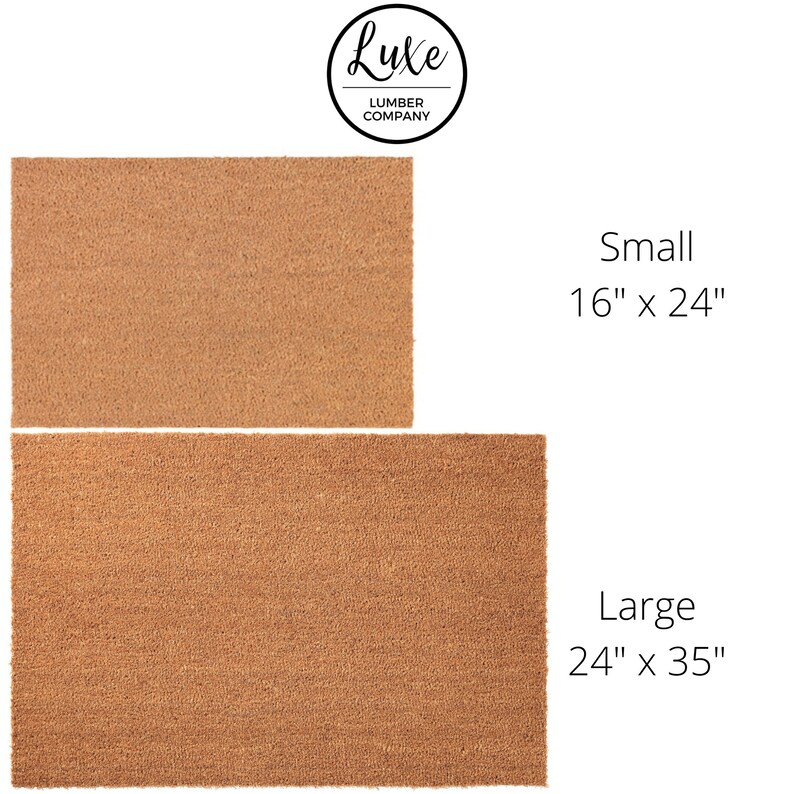 May include: Two rectangular brown coir doormats, one small (16" x 24") and one large (24" x 35"). The mats are made of natural fibers and are displayed against a white background. The Luxe Lumber Company logo is in the upper left corner.