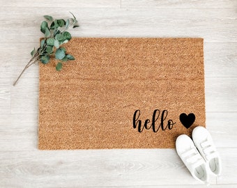 Hello with Small Heart Doormat – Welcome Mat – Coir Doormat – Cute Doormat – Front Porch Decor – Outdoor Rug