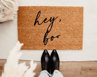 Hey Boo Script Doormat – Fall Decor - Fall Doormat - Halloween Doormat - Outdoor Rug – Coir Doormat – Halloween Decor - Thanksgiving Decor