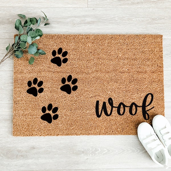 Woof with Paw Prints Doormat – Cute Dog Doormat – Welcome Mat – Dog Decor – Funny Pet Doormat - Housewarming Gift