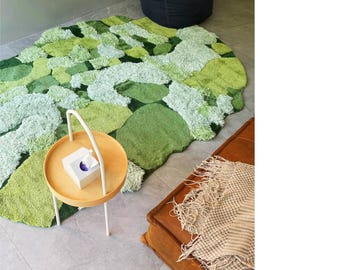 Green Rug Tufted Moss Fluffy Circular Carpet Patchwork High-low Pile Plush Runner 6.5x9.5ft