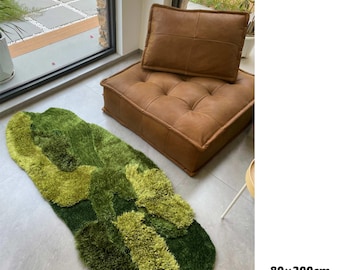 Green Shag Runner Rug: High Pile Plush Polyester, 2.6x6.5ft