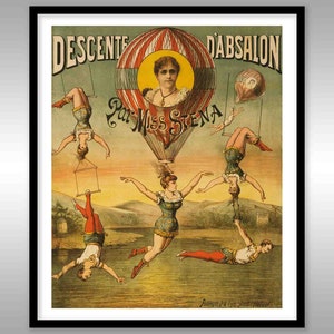 Descente d'Absalon par Miss Stena 1880-1900 ~ Reproduction impression d'art ~ Cirque ~ Ballons ~ Trapèze volant ~ Paysage
