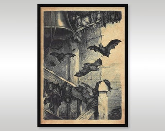 Chauves-souris dans le beffroi ~ gravure vintage ~ gothique ~ reproduction art print ~ livraison gratuite aux clients britanniques