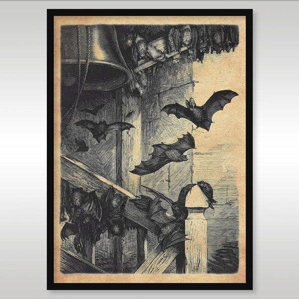 Fledermäuse im Glockenturm ~ Vintage Gravur ~ Gothic ~ Reproduktion Kunstdruck ~ Kostenloser Versand für Kunden in Großbritannien