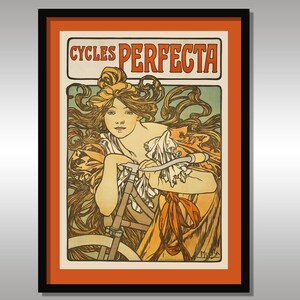 Cycles Perfecta ~ Alphonse Mucha 1902 ~ Cartel publicitario Art Nouveau ~ Bicicletas ~ Mujer
